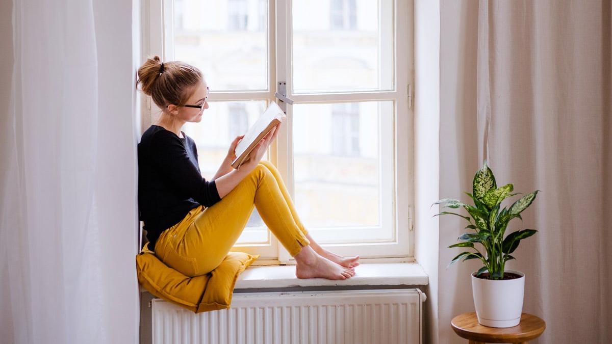 Mujer leyendo en una ventana