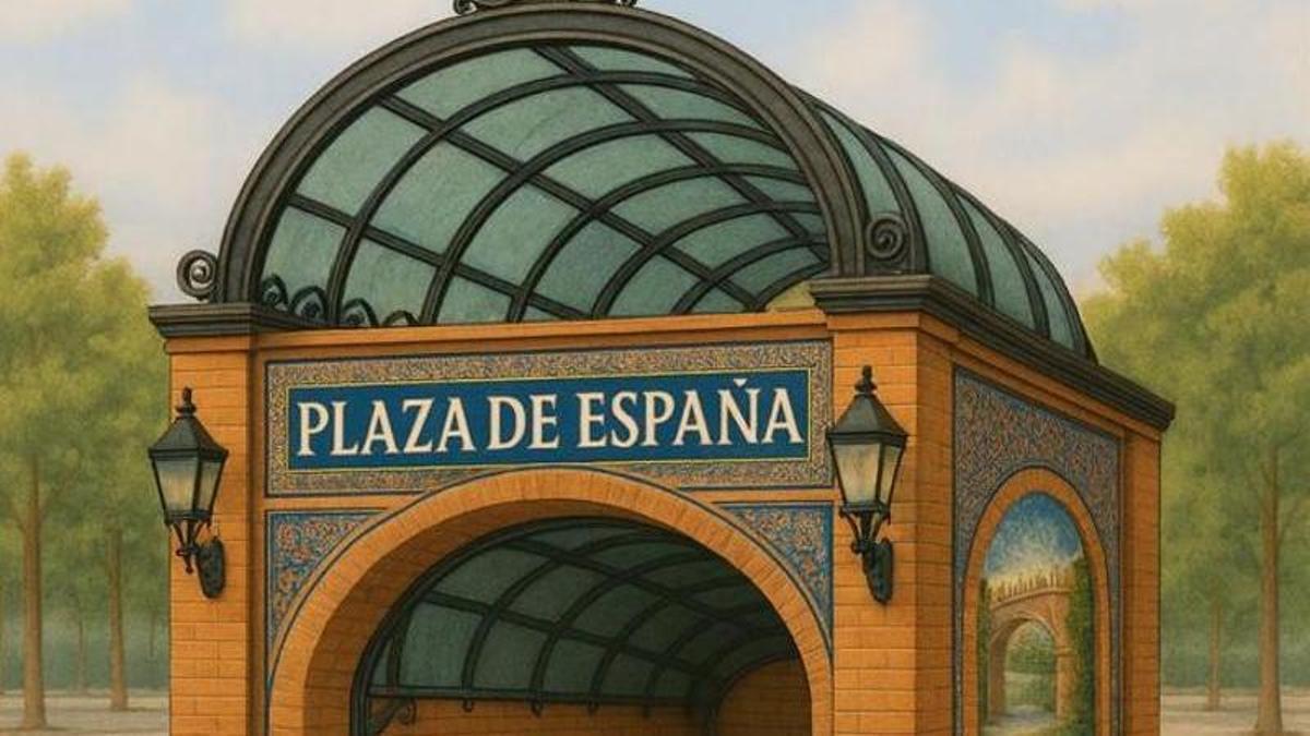 Recreación de la boca de metro de Plaza de España realizada por la asociación Sevilla Quiere Metro