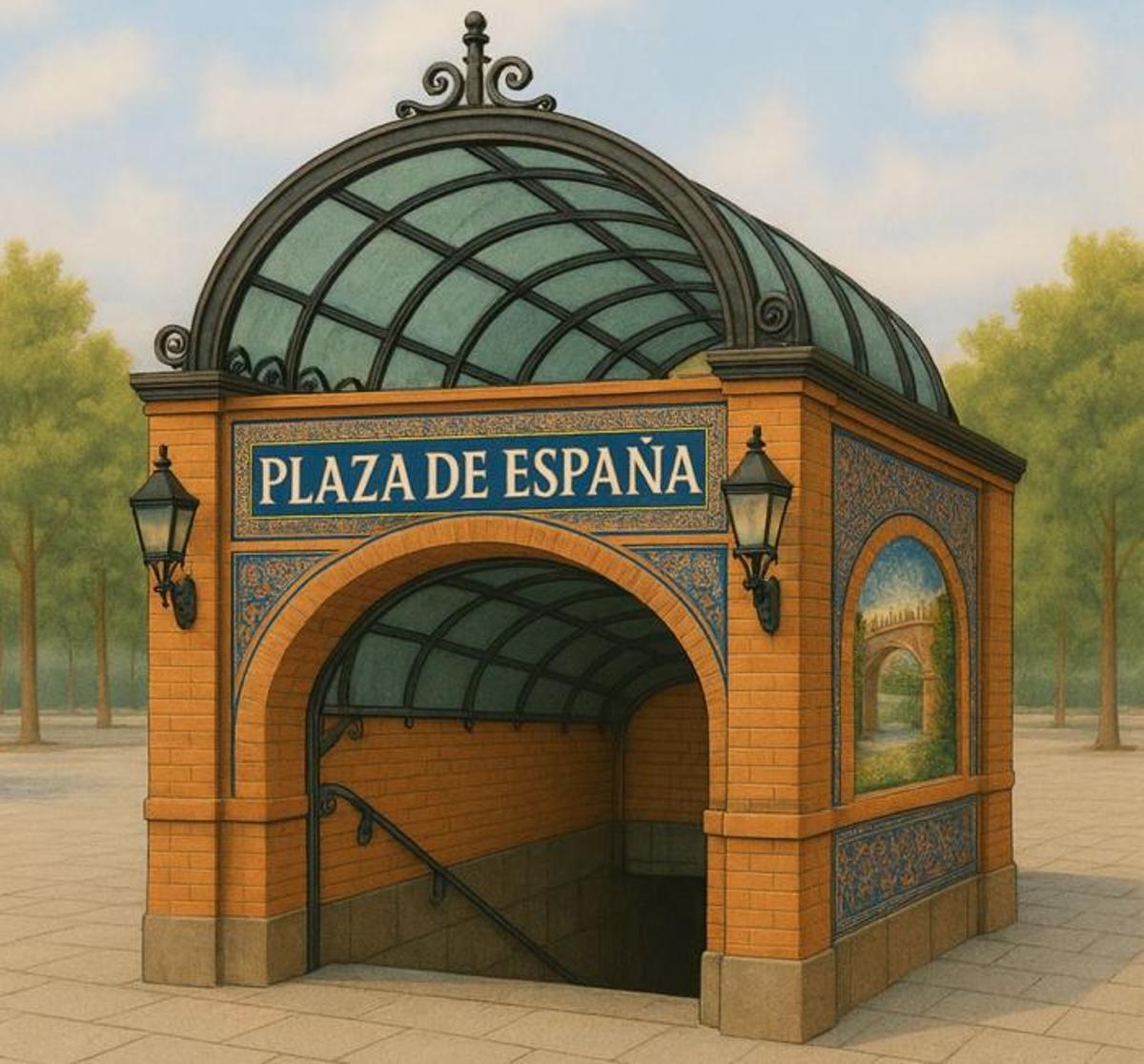 Recreación de la boca de metro de Plaza de España realizada por la asociación Sevilla Quiere Metro