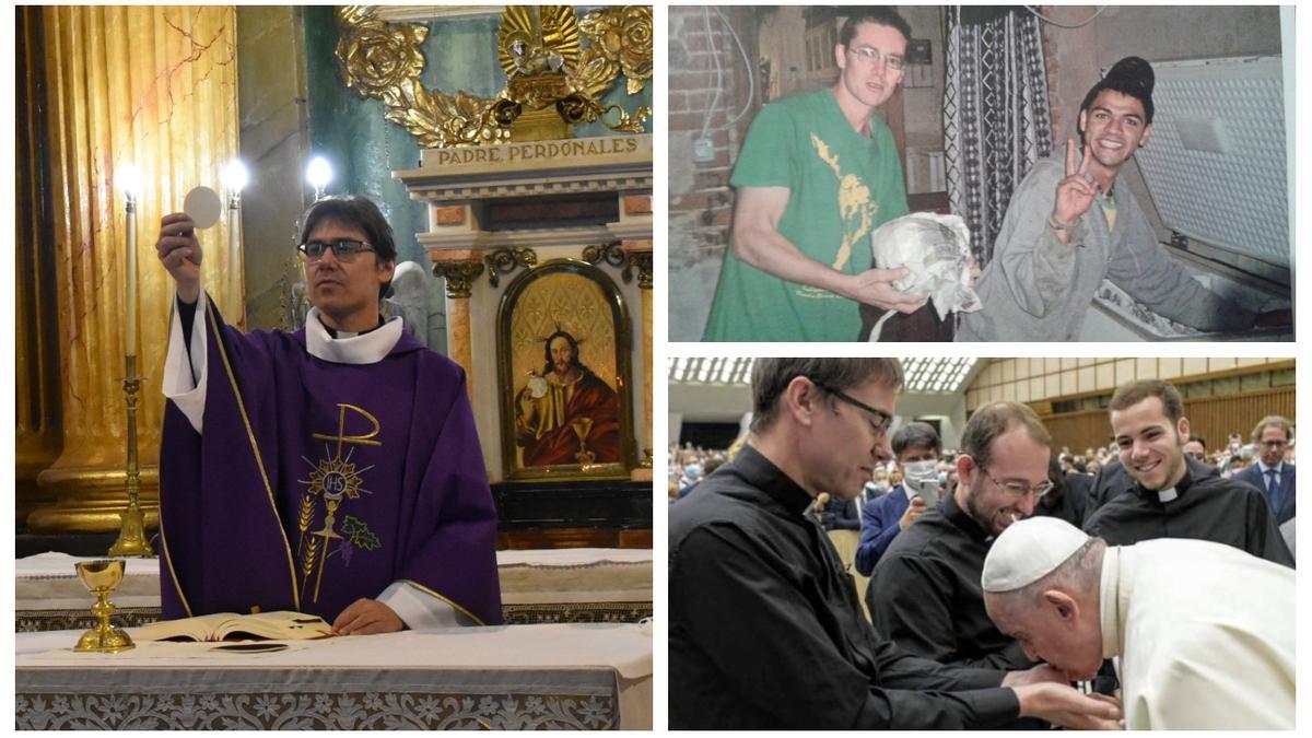 A la izquierda, Bordignon oficia una misa en Cinctorres. A la derecha, una foto en su juventud y otra con el Papa Francisco.
