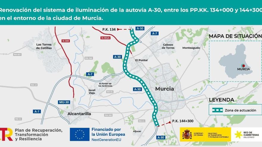 Infografía de la renovación del sistema de iluminación de la autovía A-30, en el entorno de la ciudad de Murcia