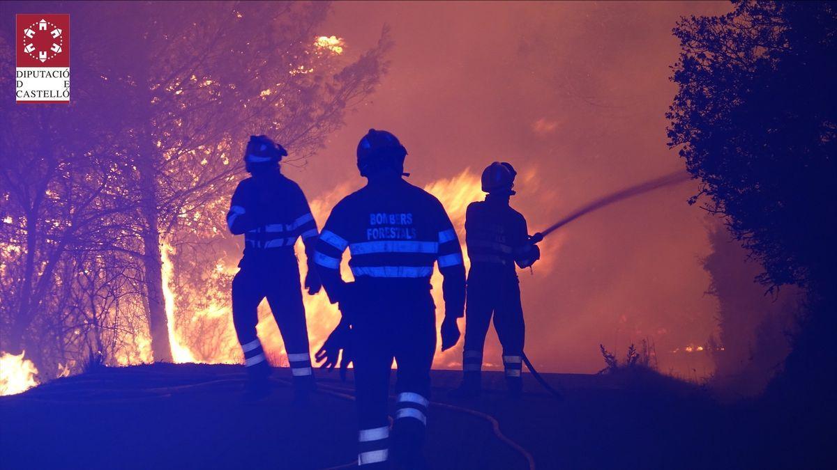 Tres bomberos de la Diputación sofocan las llamas durante los días más virulentos del incendio forestal de Azuébar.