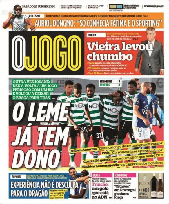 Portada O JOGO  sábado 27 junio 2020