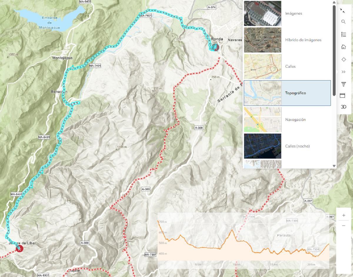El nuevo visor de la Gran Senda de Málaga permite ver un mapa topográfico de cada etapa.