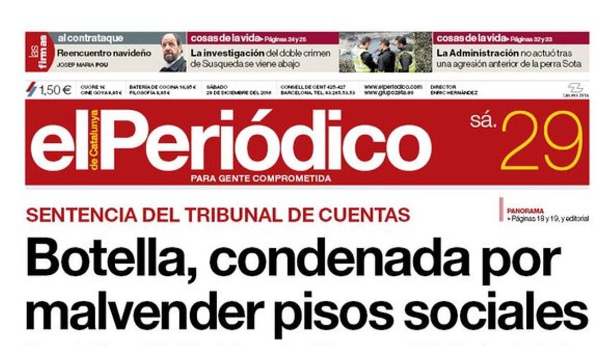 La portada de EL PERIÓDICO del 29 de diciembre del 2018