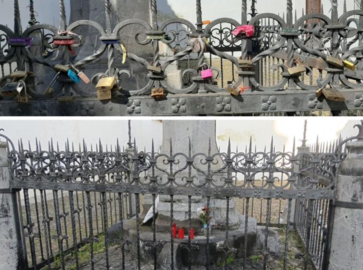 Arriba, la verja de hierro forjado del Cristo de los Faroles con los candados y pulseras cofrades, y abajo, la verja ya limpia de estos objetos, en unas imágenes difundicas por la asociación vecinal..
