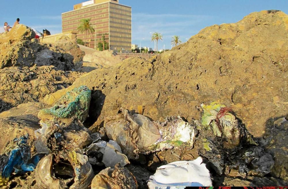 Plásticos semiquemados recogidos en la costa de Palma