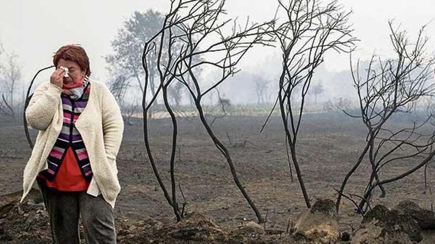 Una vecina, desolada ante el efecto devastador de las llamas en Carballeda de Avia, en Ourense. // Brais Lourenzo