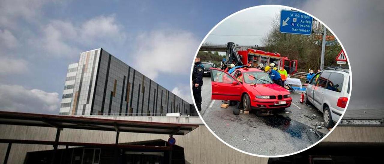 El HUCA. En el círculo, los bomberos, durante las labores de excarcelación de la conductora herida.