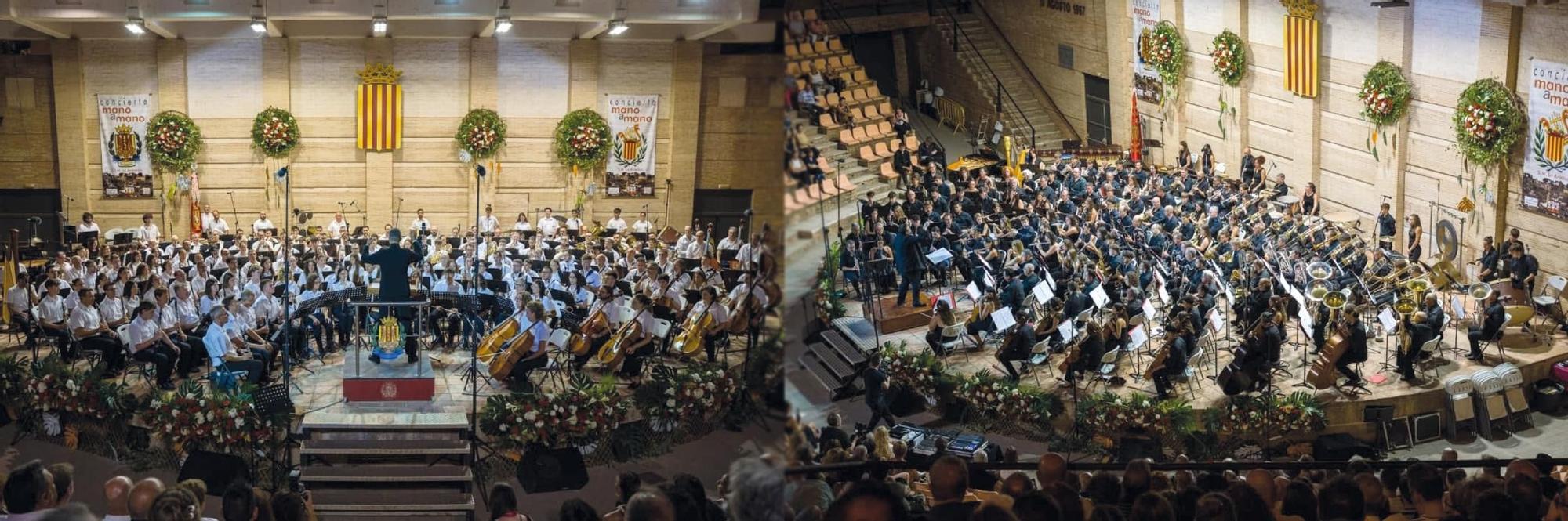 Las dos orquestas participantes en el Mano a Mano de Buñol.