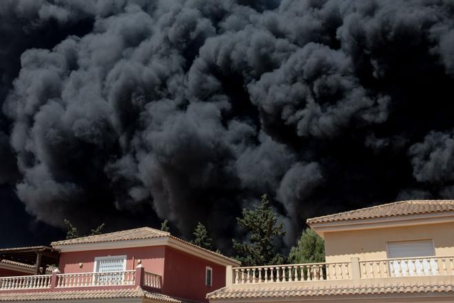 Las impactantes imágenes del incendio en una empresa de frutas de Fuente Álamo.