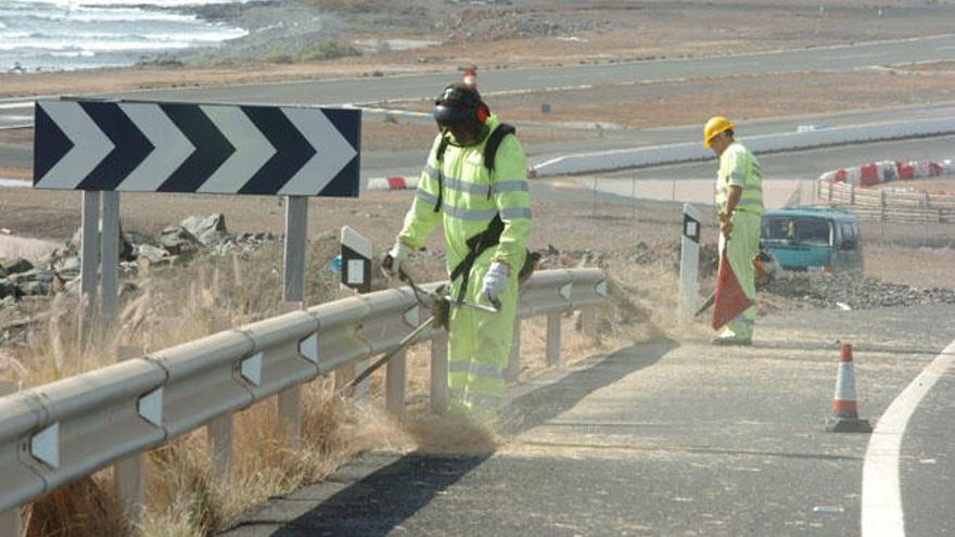 Operarios de carreteras del Cabildo eliminan restos vegetales en una carretera del sur de Gran Canaria.