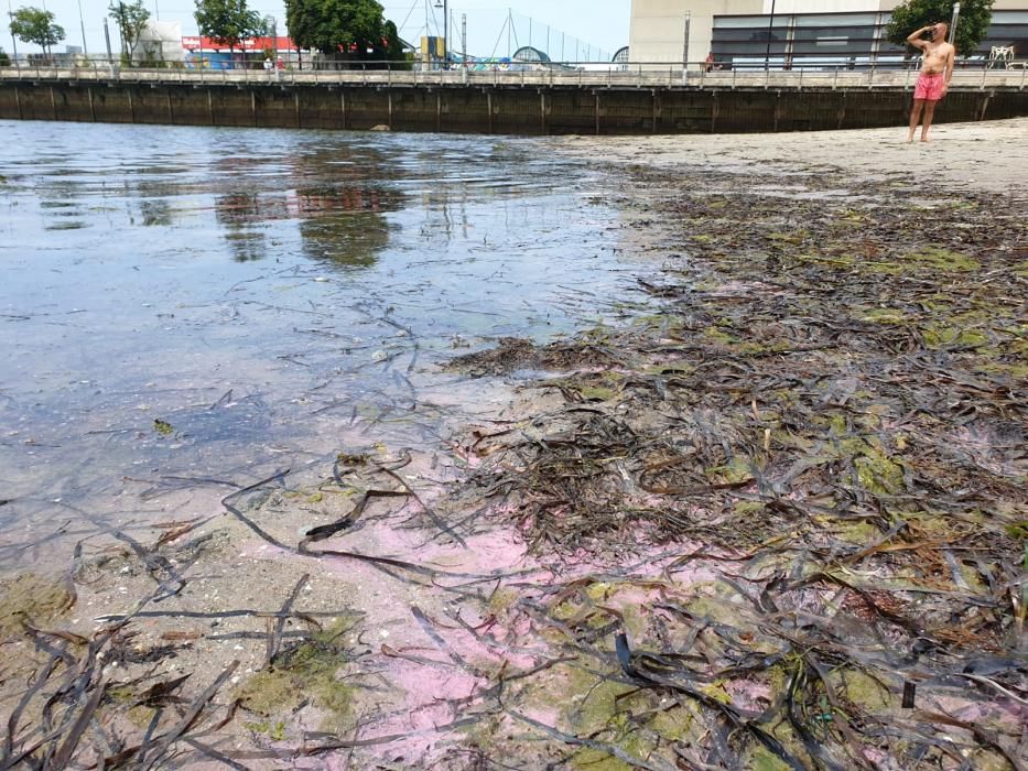 La playa de Bouzas, bañada por un manto rosado