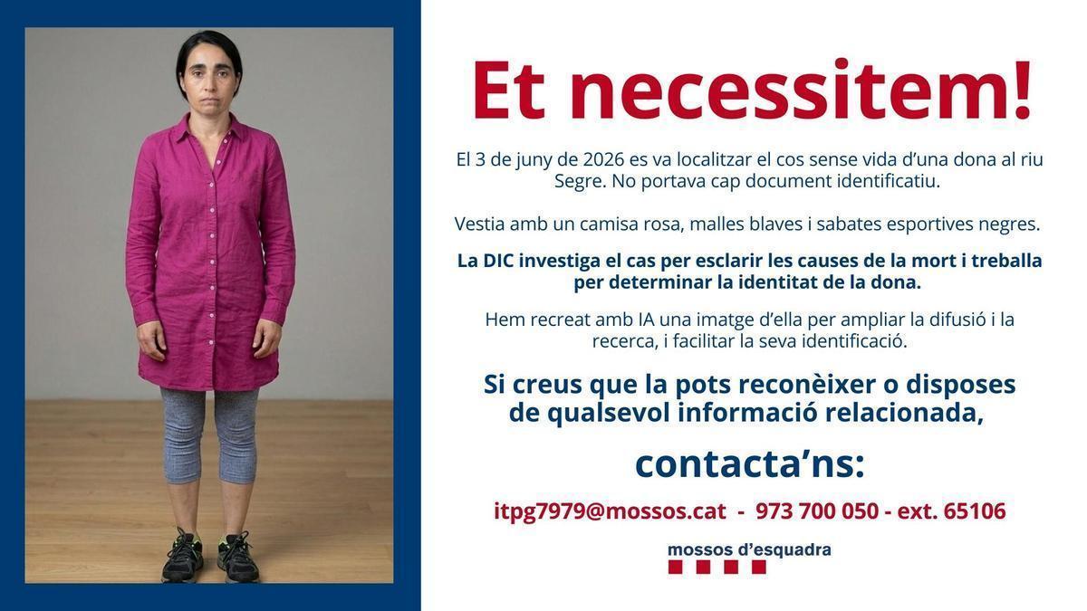 El retrat fet amb IA d'una dona trobada morta a Lleida que han difós els Mossos.
