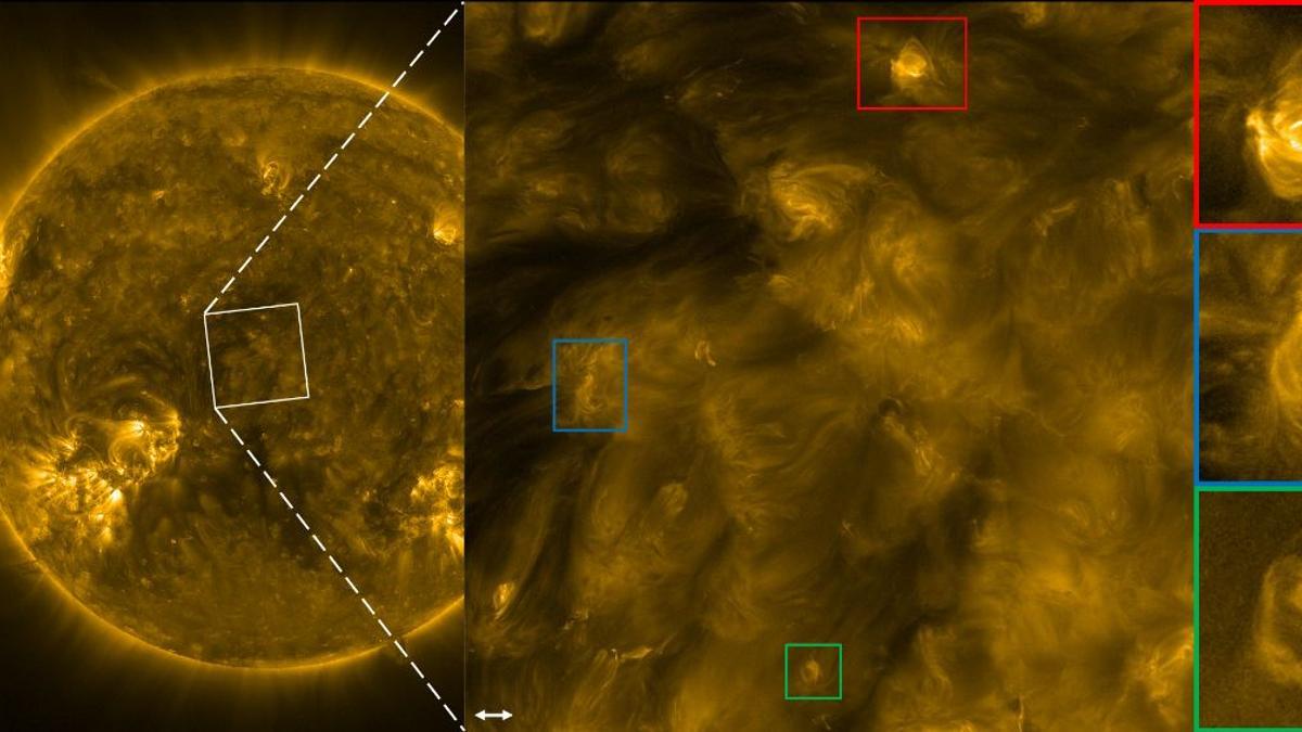 Las estructuras que se muestran en los rectángulos rojo, azul y verde presentan ondas magnéticas de oscilación rápida que podrían explicar el calentamiento excesivo de la corona solar.