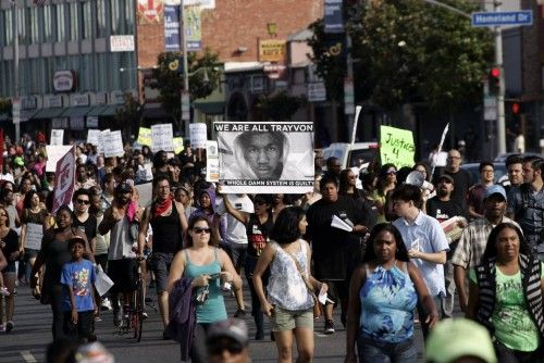 Demonstrators march during a protest against the acquittal of George Zimmerman in the Trayvon Martin trial, in Los Angeles