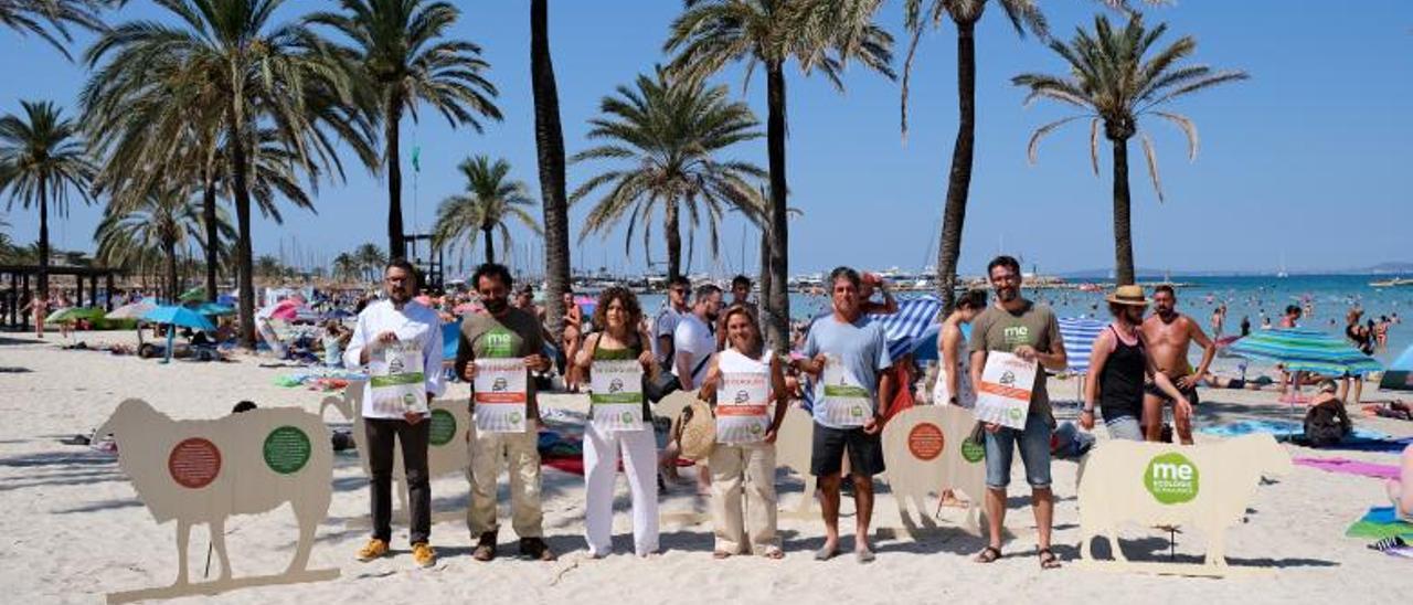 Miembros de Apaema, en la playa de s’Arenal, reclamando que los beneficios del turismo también lleguen a su actividad. | APAEMA