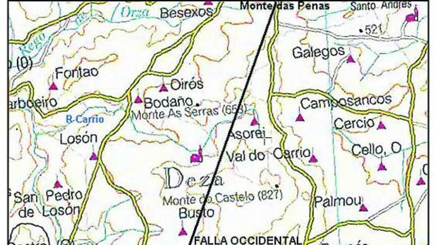 Unha das fallas máis importantes da Serra do Carrio que, fragmentada, chega ata a Ponte Taboada I.