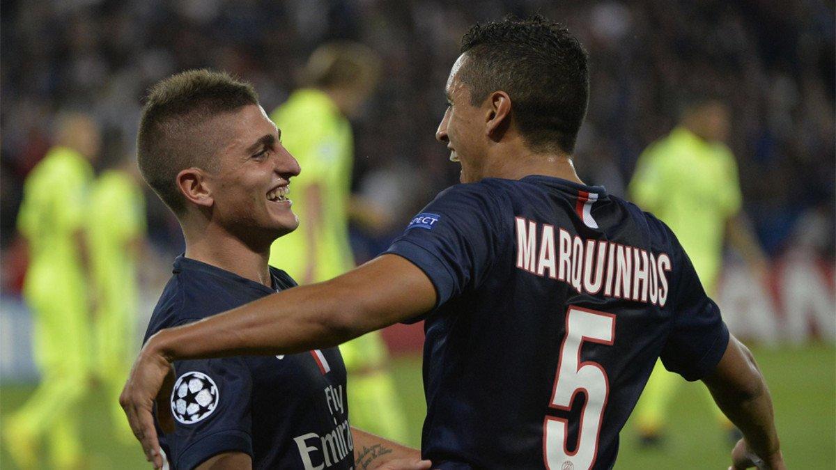 Marco Verratti y Marquinhos celebran un gol frente al Barça en la Champions 2014/15