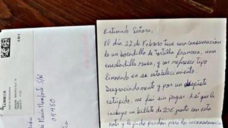 Un &#039;simpa&#039; que no fue: un cliente envía una carta con 20 euros a un bar de Ávila tras irse sin pagar