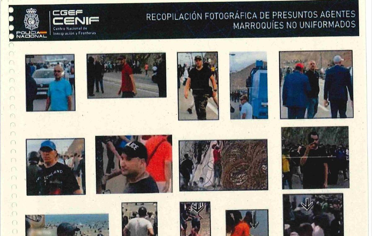 Una página del informe policial de Extranjería reúne fotos de 'presuntos agentes marroquíes no uniformados' entre la multitud