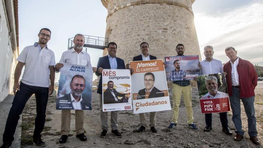 Los candidatos de los principales partidos que ayer tarde pudieron cuadrar sus agendas para una foto de grupo de El Campello.