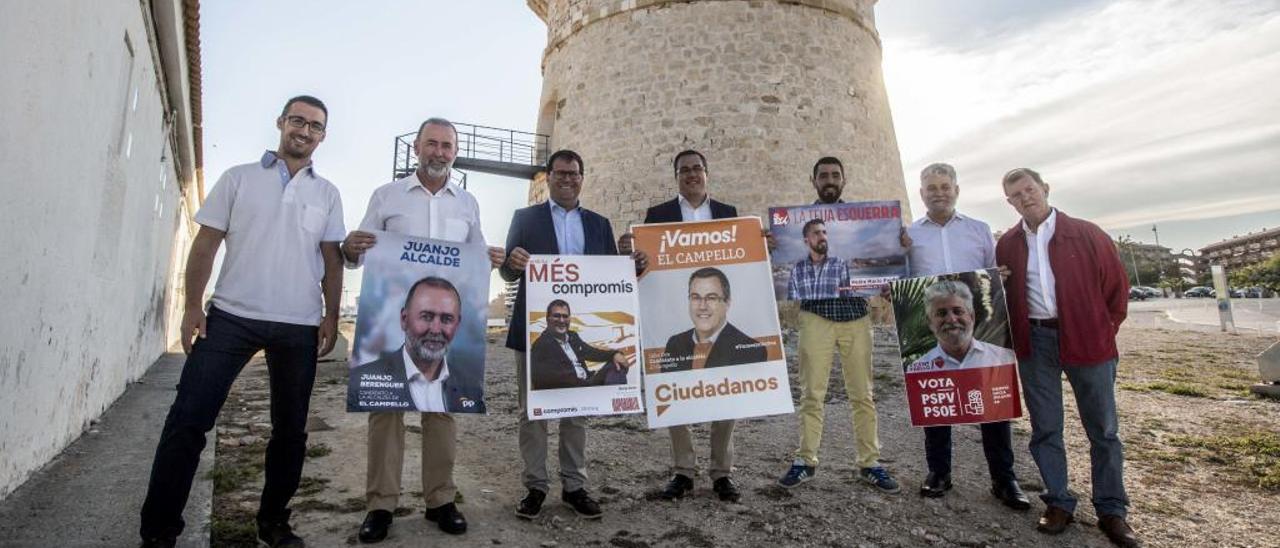 Los candidatos de los principales partidos que ayer tarde pudieron cuadrar sus agendas para una foto de grupo de El Campello.