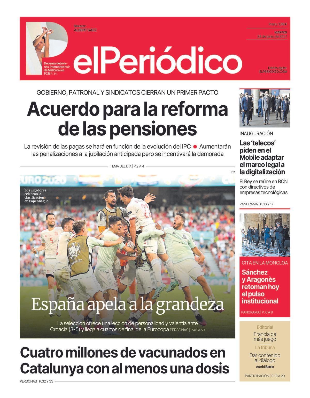La portada d’EL PERIÓDICO del 29 de juny del 2021