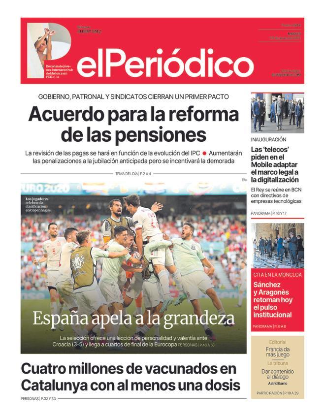 La portada d’EL PERIÓDICO del 29 de juny del 2021