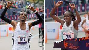Tamirat Tola y Hellen Obiri celebran sus victorias en Nueva York.