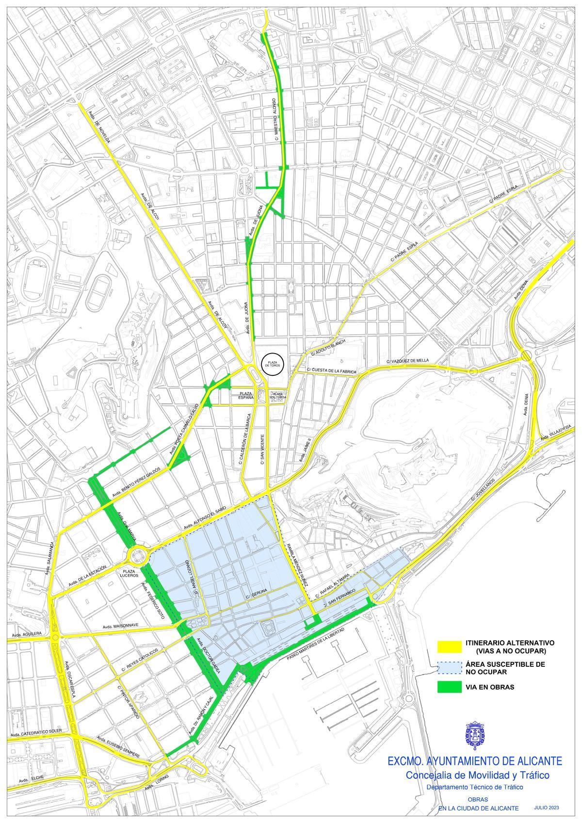 Plano del Ayuntamiento con, en verde, las vías cortadas por obras desde el lunes