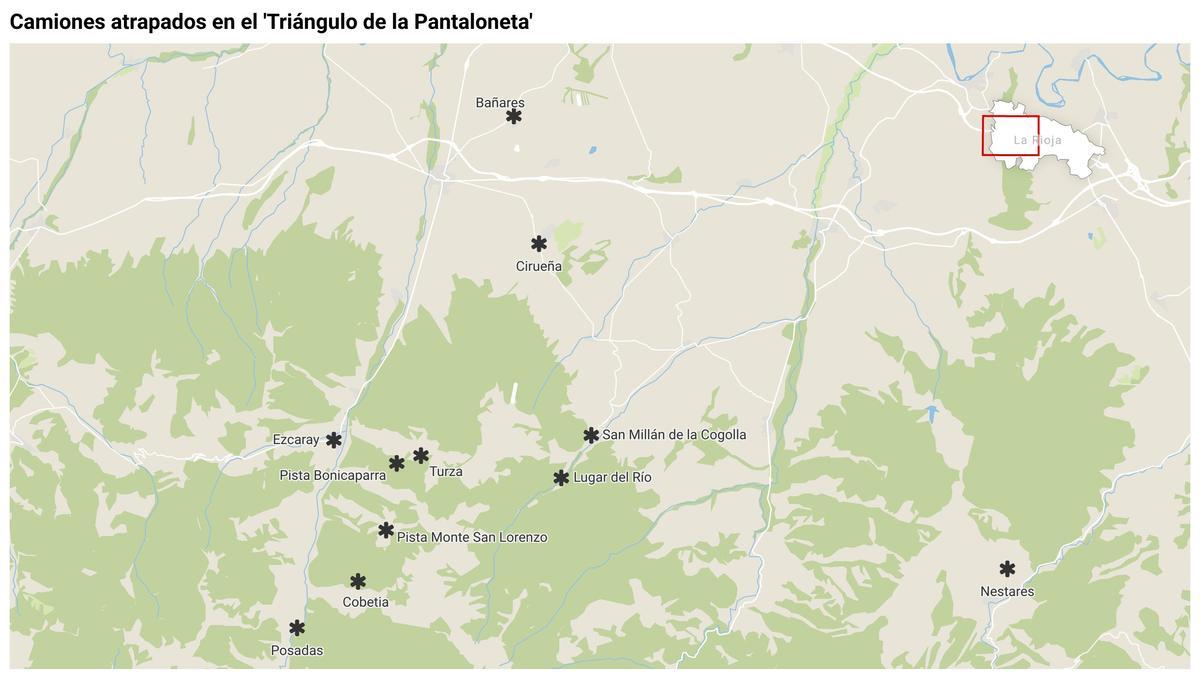 Pueblos de La Rioja afectados por los camiones que se han quedado atrapados en el 'Triángulo de la Pantaloneta'. 