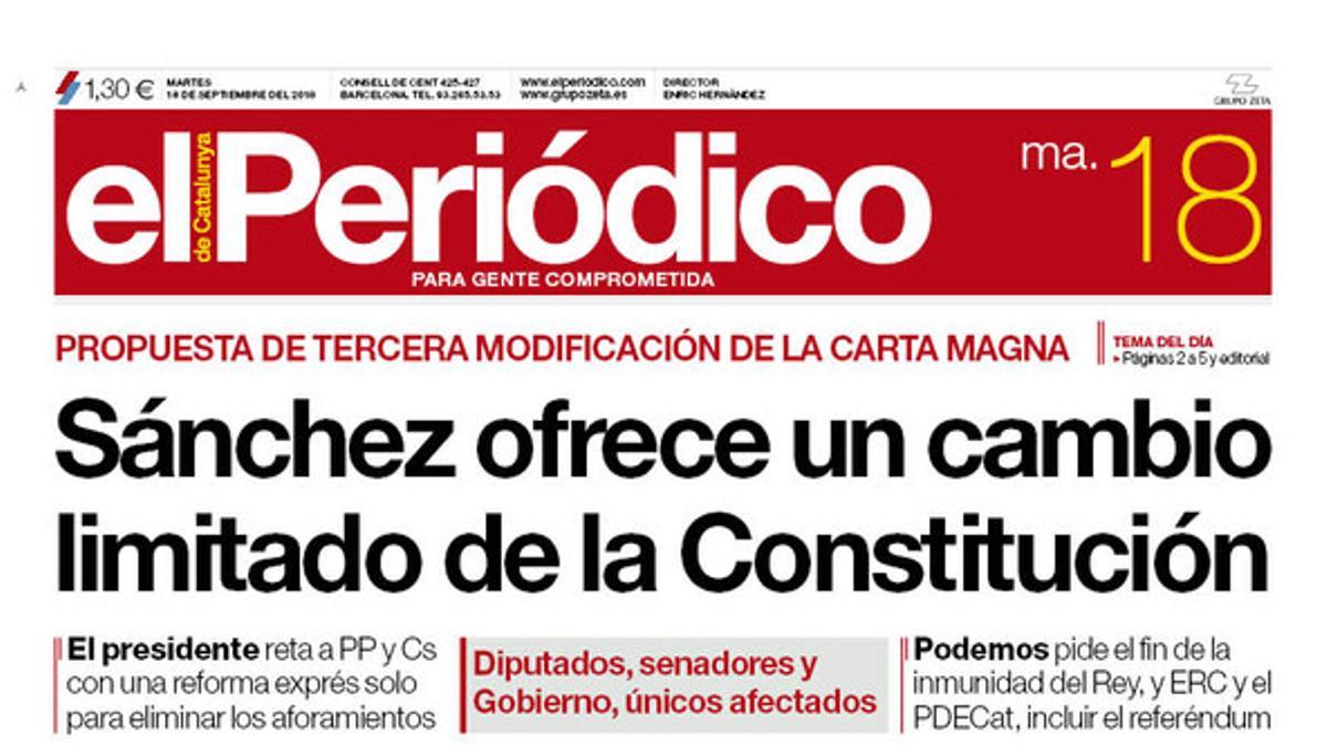 La portada de EL PERIÓDICO DE CATALUNYA del 18 de septiembre del 2018