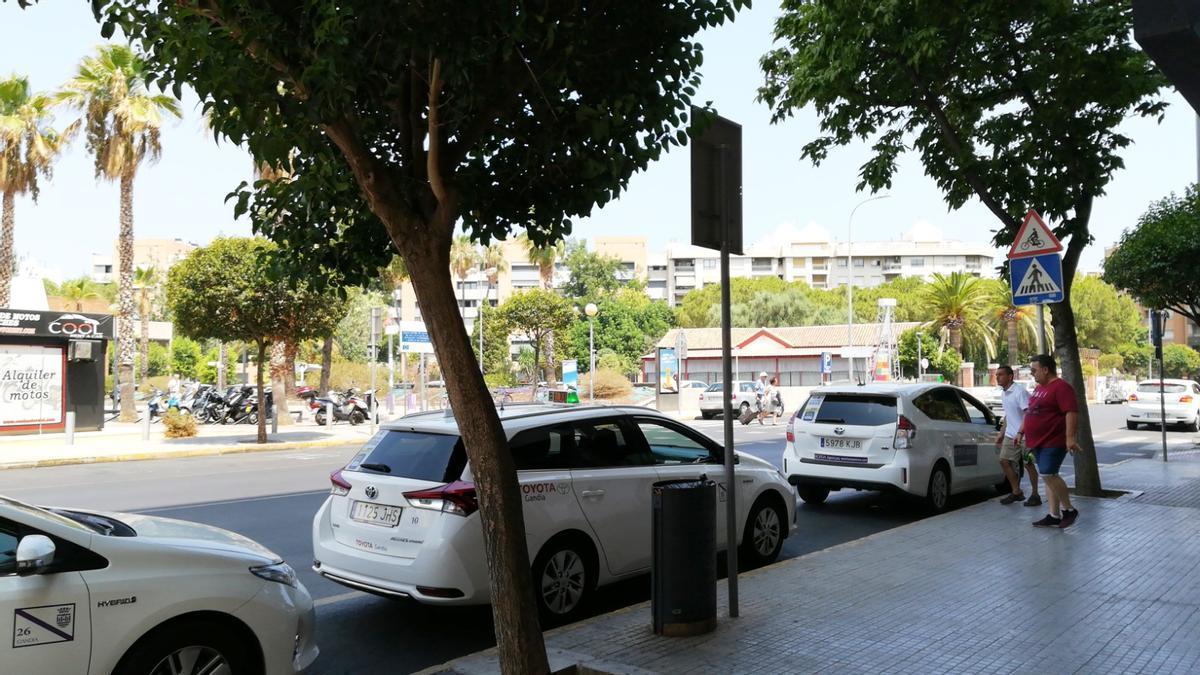 Varios taxis en una céntrica calle de Gandia, en una imagen de archivo.