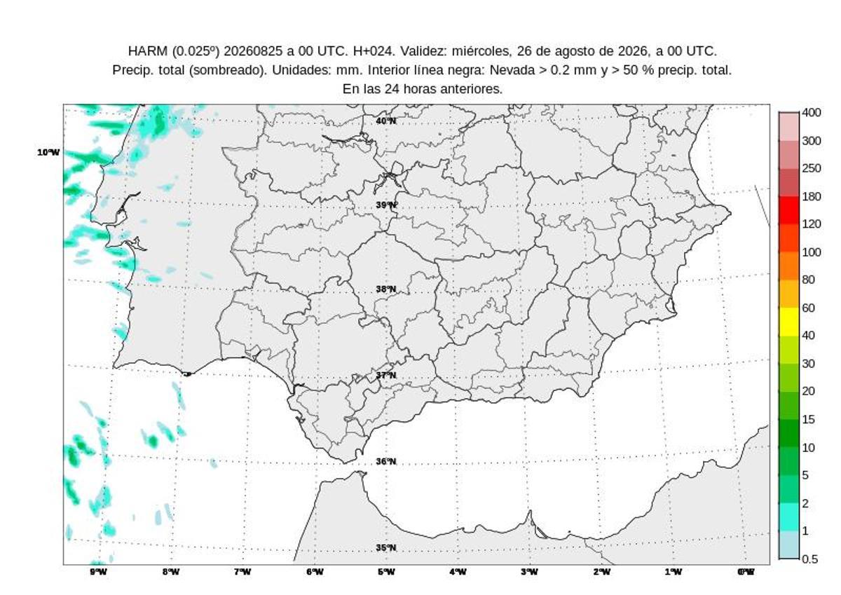 Previsión de precipitaciones hoy martes, 25 de agosto, elaborada por la Aemet.
