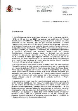 Carta del delegat del Govern a Catalunya als directors dinstituts