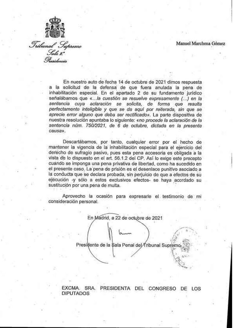 El oficio enviado por Marchena a Batet.