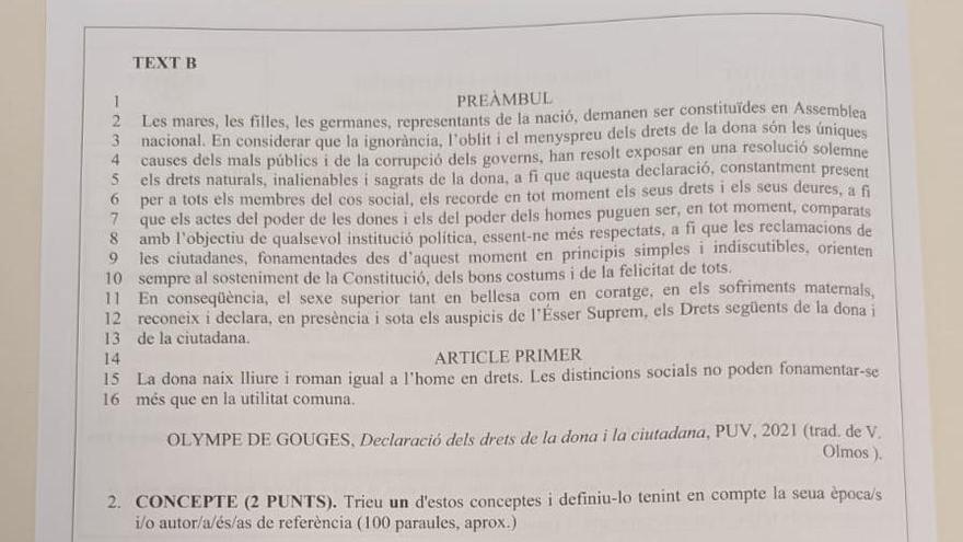 La Declaración de derechos de la mujer marca el examen de Filosofía de la PAU