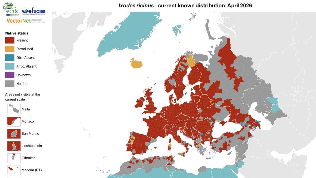 Mapa de la distribución actual conocida de 'Ixodes ricinus': abril de 2026.