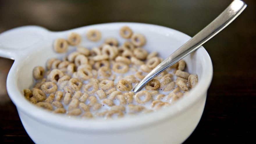 Un bol de leche con cereales.