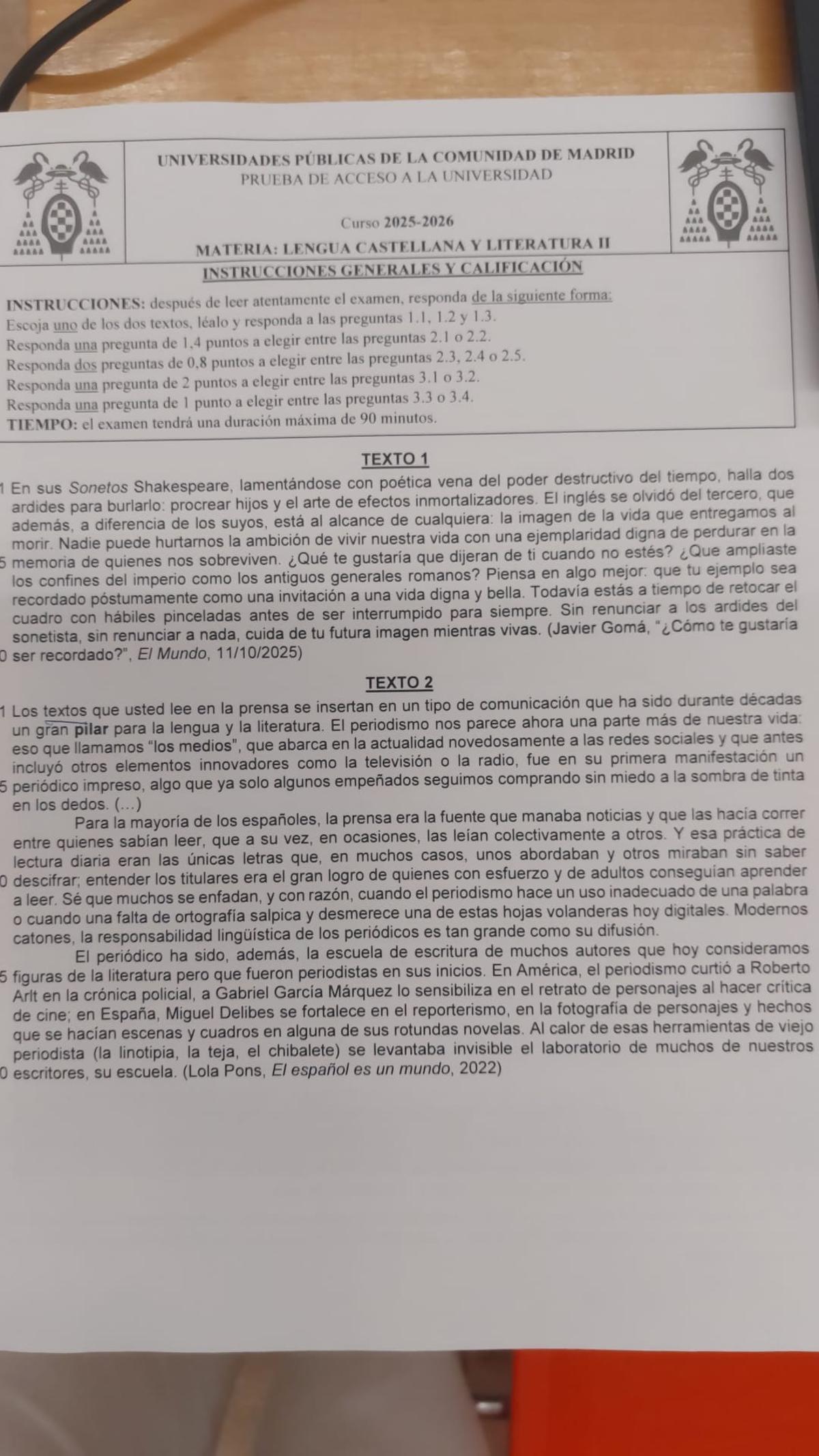 Examen de Lengua Castellana y Literatura de la modalidad de Ciencias y Tecnología, en Madrid