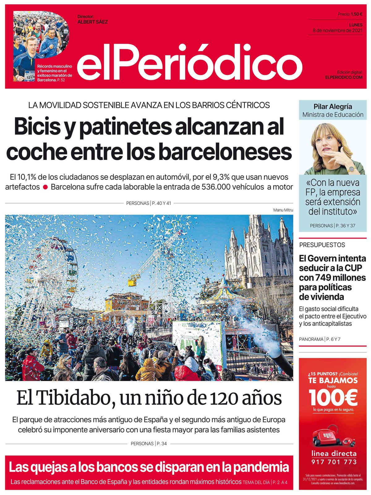 La portada d’EL PERIÓDICO del 8 de novembre del 2021 La portada d’EL PERIÓDICO del 8 de novembre del 2021