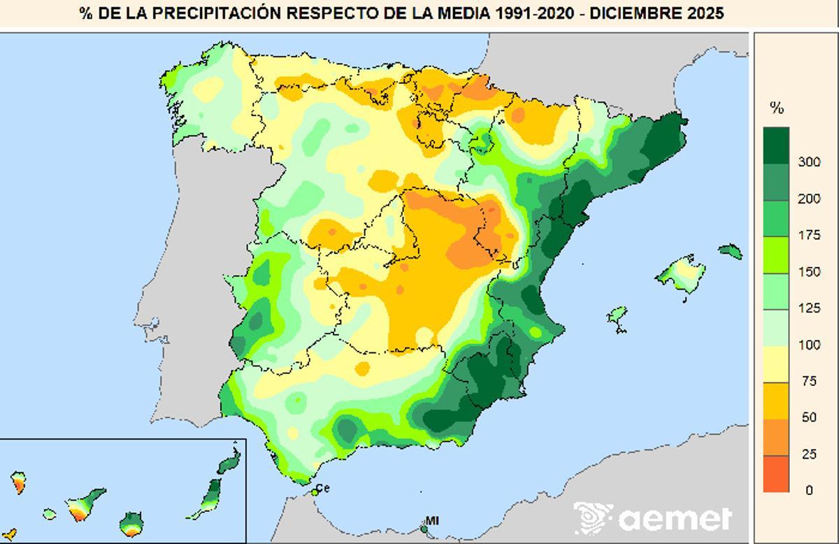Porcentaje de la precipitación con respecto a la media 1991-2020 en diciembre de 2025