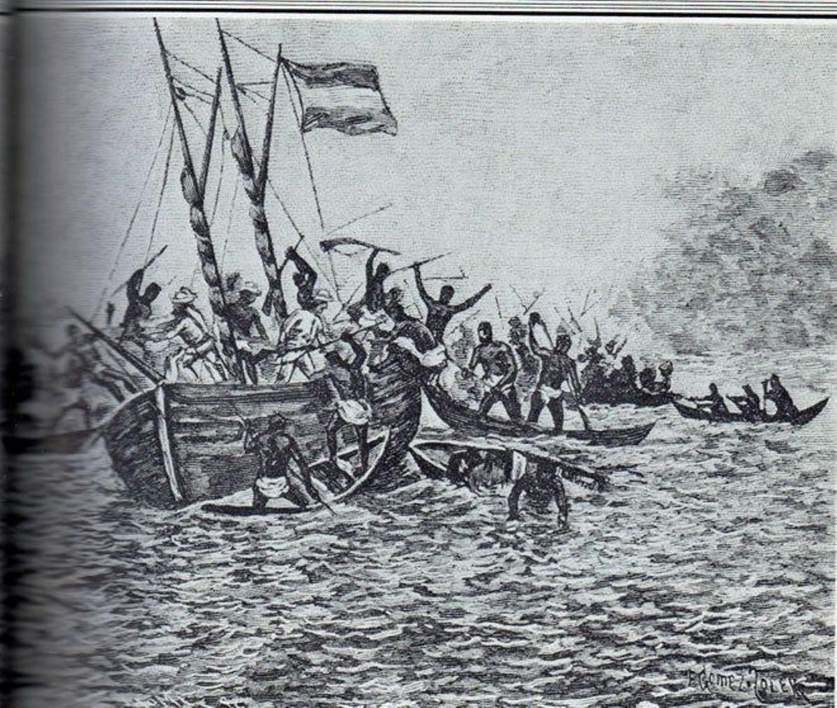 Piraguas aborddo la embarcacion de Iradier.