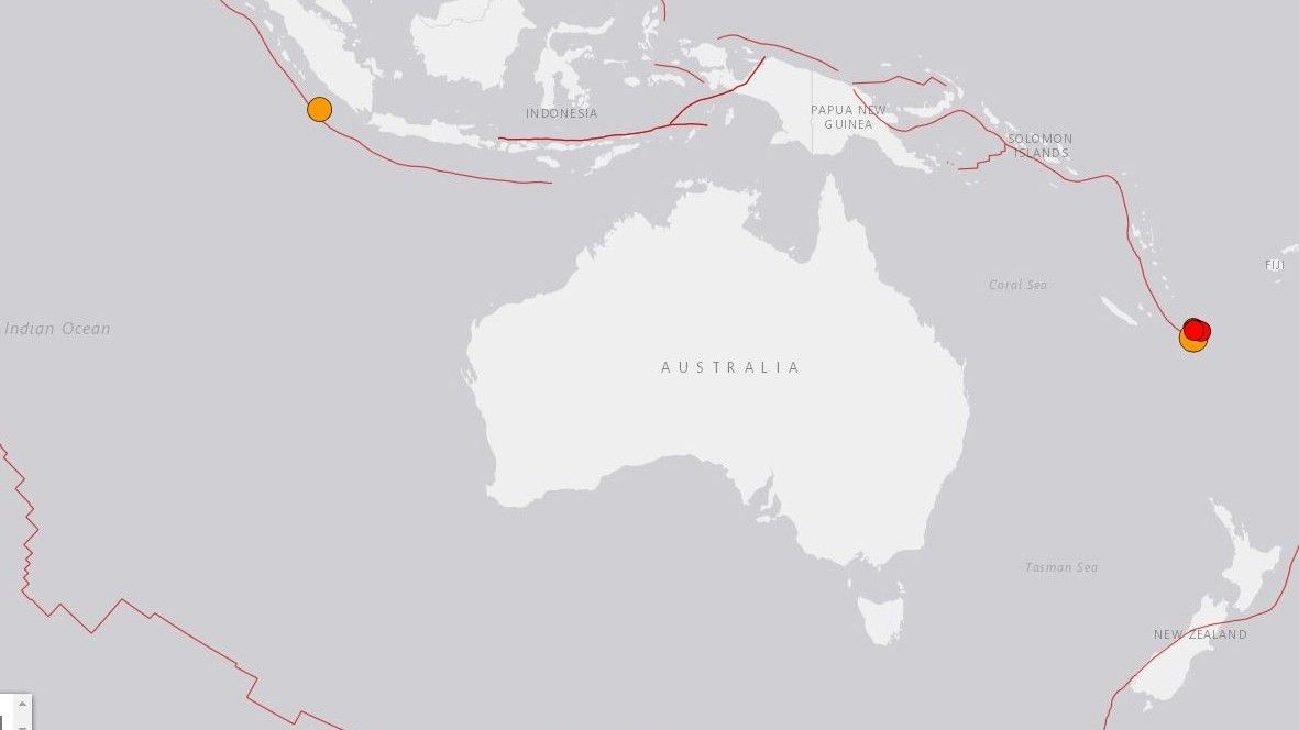 Puntos donde se han localizado los terremotos, de magnitudes hasta 7,5 grados, el 10 de febrero de 2021