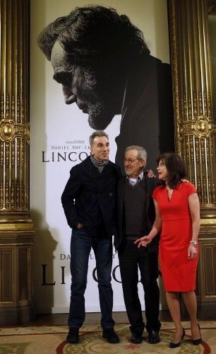 "Lincoln" director Spielberg and cast members Day-Lewis and Field pose during a photocall to promote the movie in Madrid