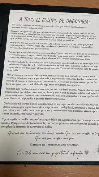 «Paz y humanidad»: la carta de agradecimiento de una familia al servicio de Oncología de Pontevedra