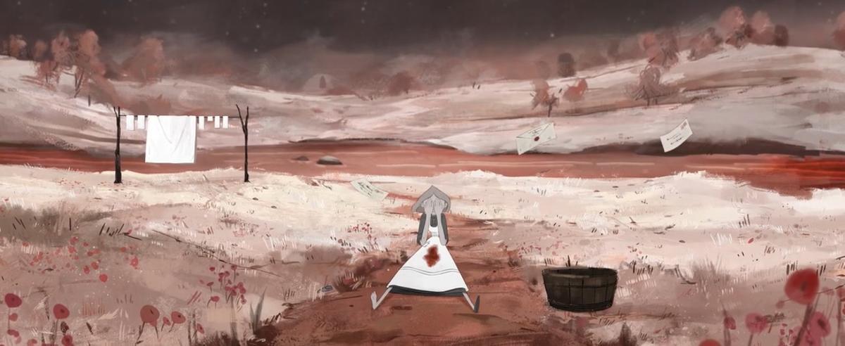 Fotograma del cortometraje "One way cycle", pintado con sangre de regla.
