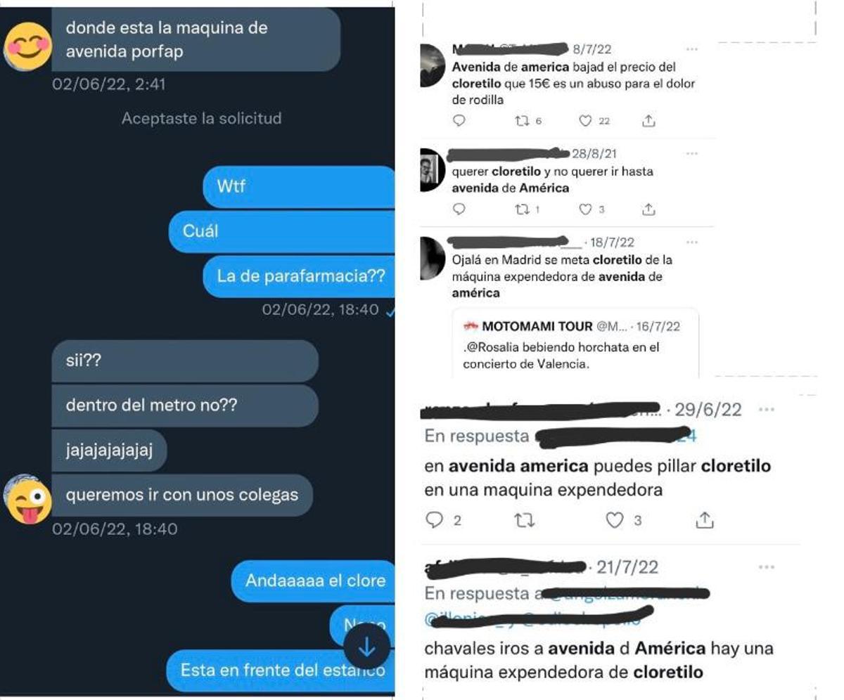 Usuarios de redes sociales refiriéndose al cloretilo de la máquina de la Avenida América