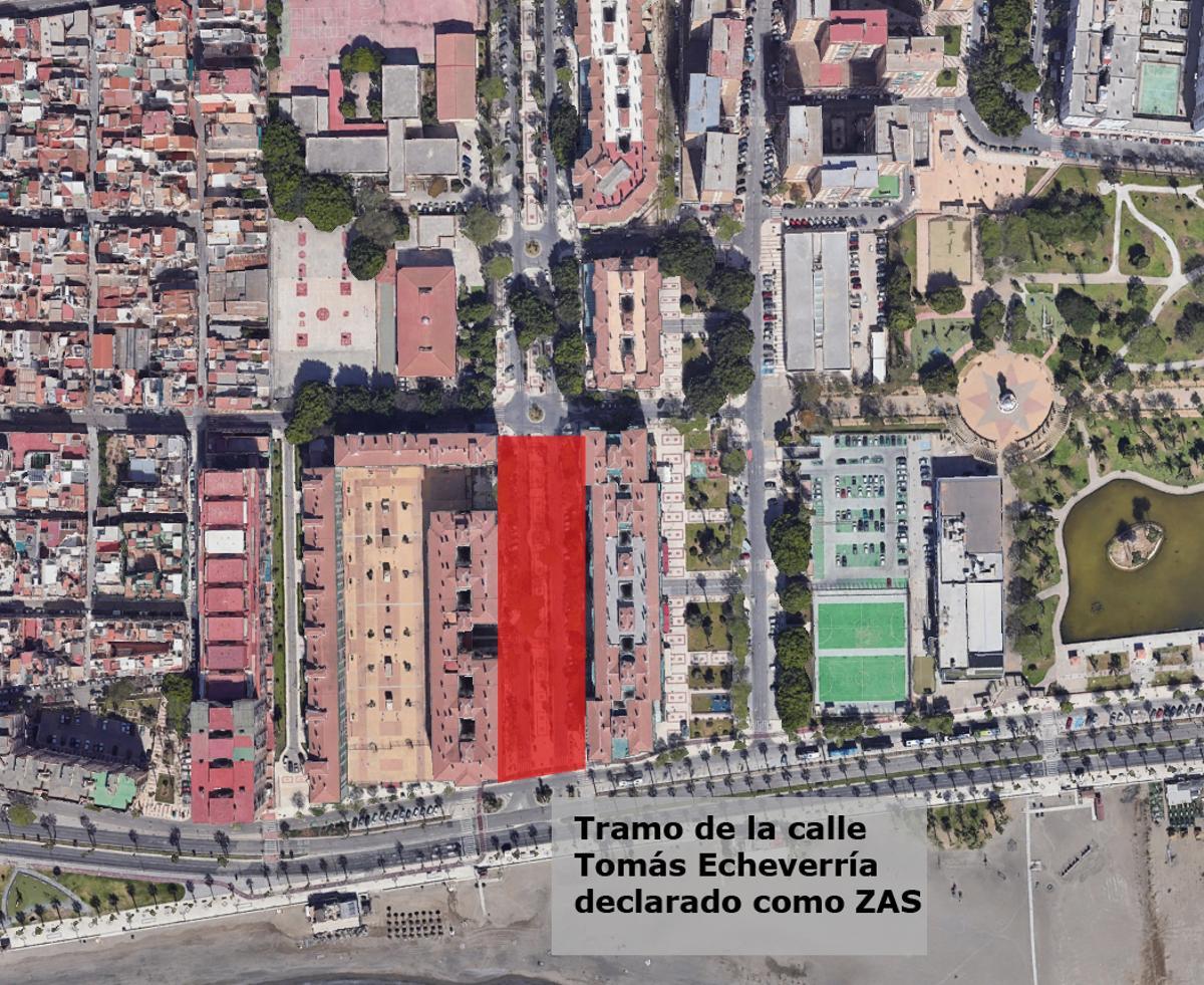 En rojo, el tramo de Tomás de Echeverria declarado como ZAS